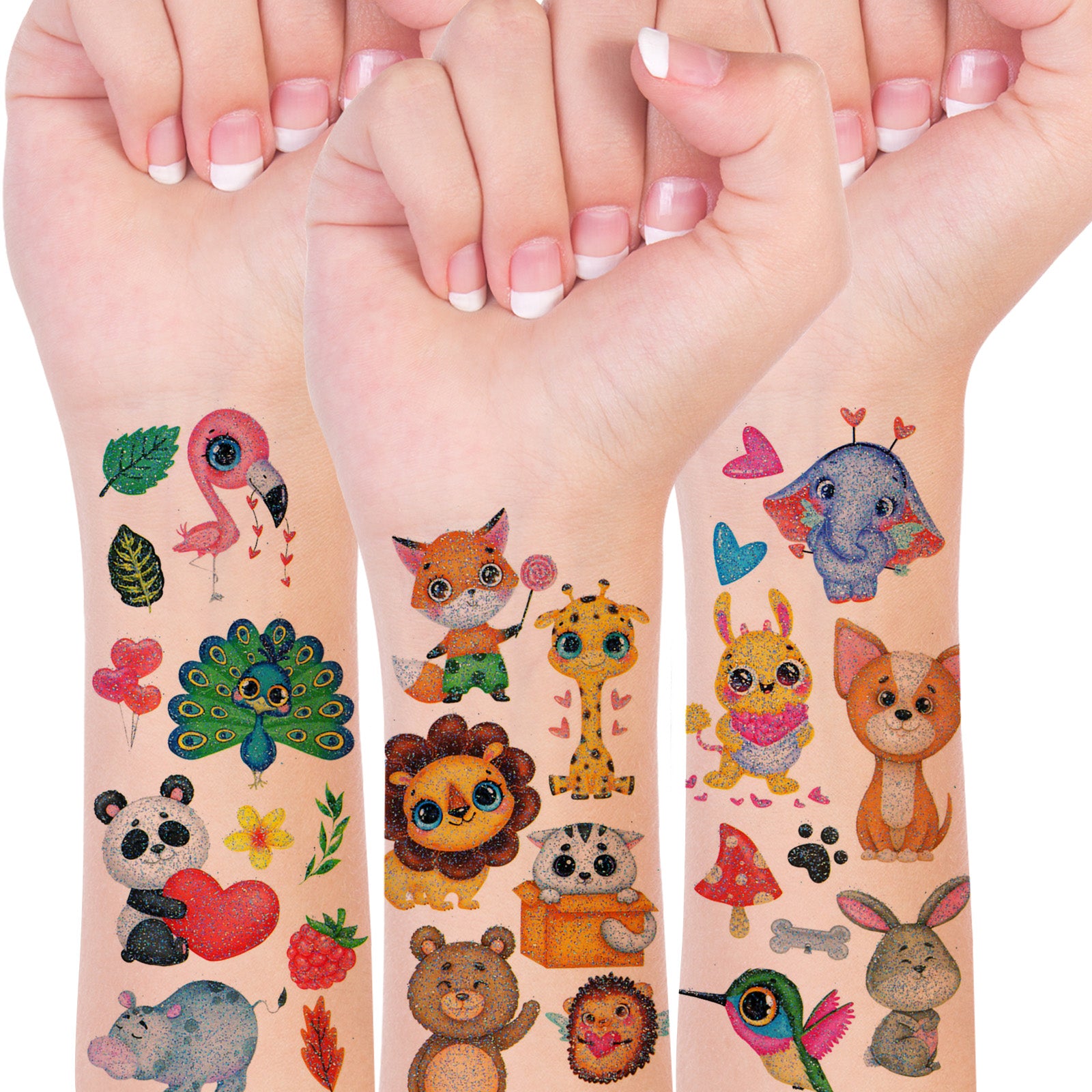 Wrapables Waterproof Glitter Temporary Tattoos, Birthday Party Favors and Supplies, Goodie Bag Fillers, 10 Sheets Cute Animals