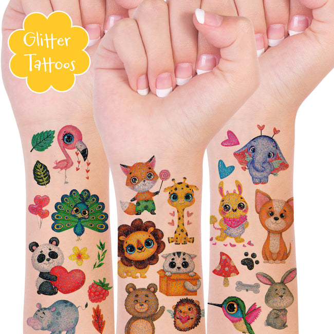 Wrapables Waterproof Glitter Temporary Tattoos, Birthday Party Favors and Supplies, Goodie Bag Fillers, 10 Sheets Cute Animals