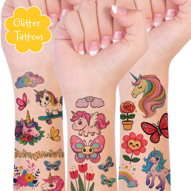 Wrapables Waterproof Glitter Temporary Tattoos, Birthday Party Favors and Supplies, Goodie Bag Fillers, 20 Sheets Butterflies and Unicorns