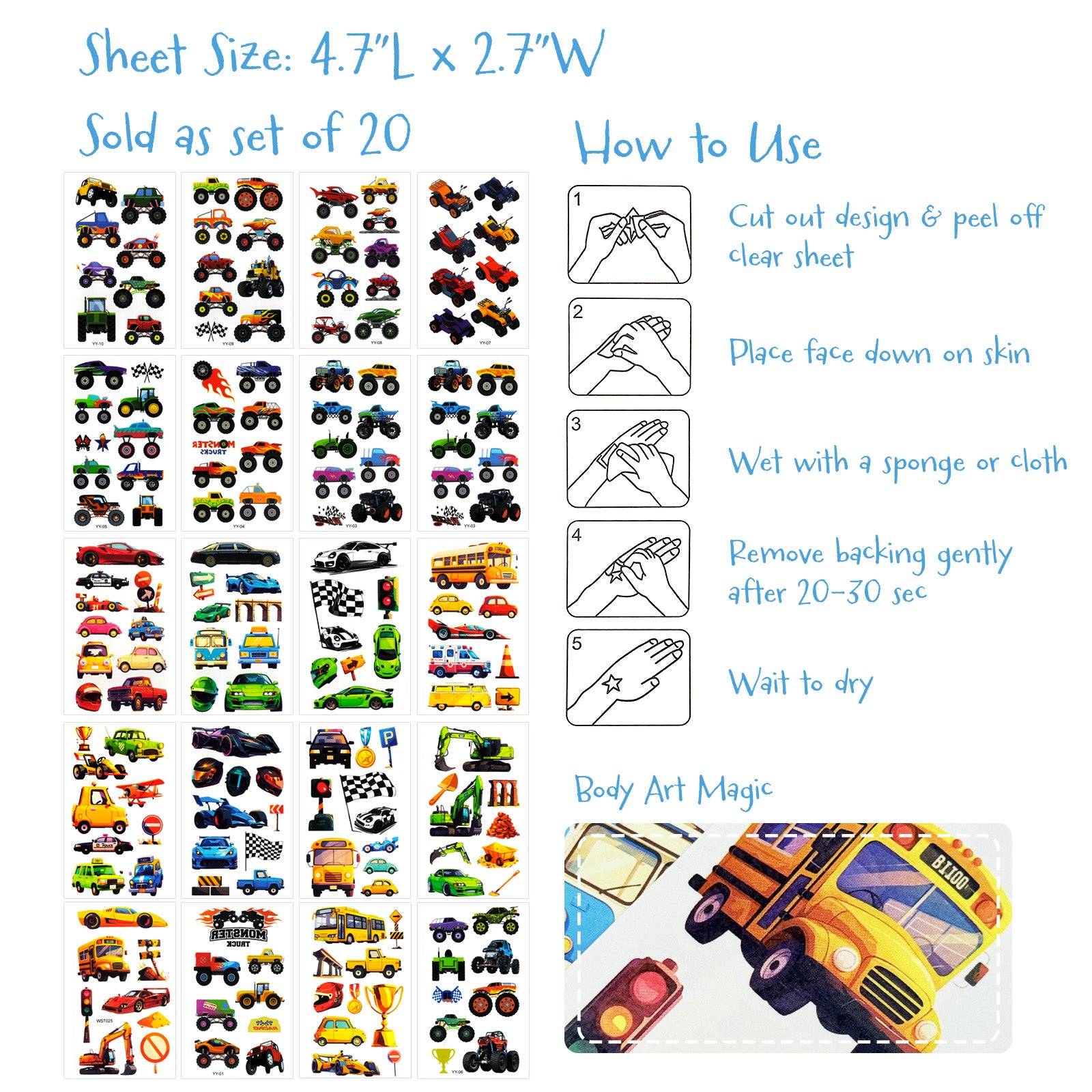 Wrapables Waterproof Temporary Tattoos for Children, 20 Sheets, Vehicles