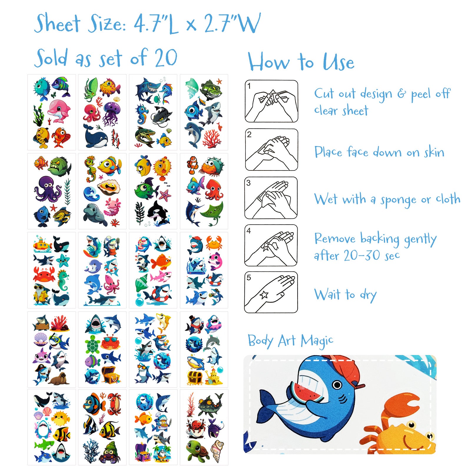 Wrapables Waterproof Temporary Tattoos for Children, 20 Sheets, Sharks and Sea Animals