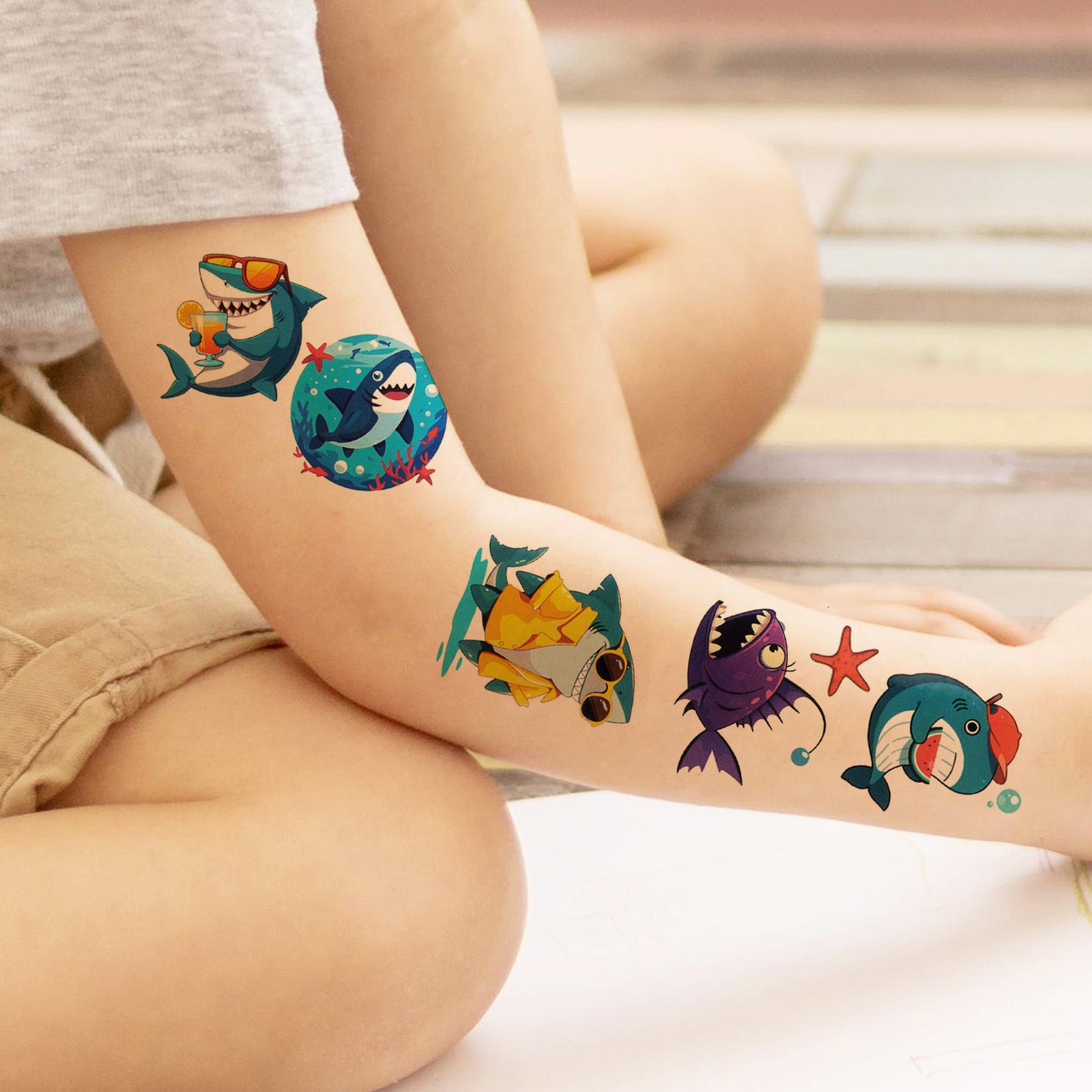 Wrapables Waterproof Temporary Tattoos for Children, 20 Sheets, Sharks and Sea Animals