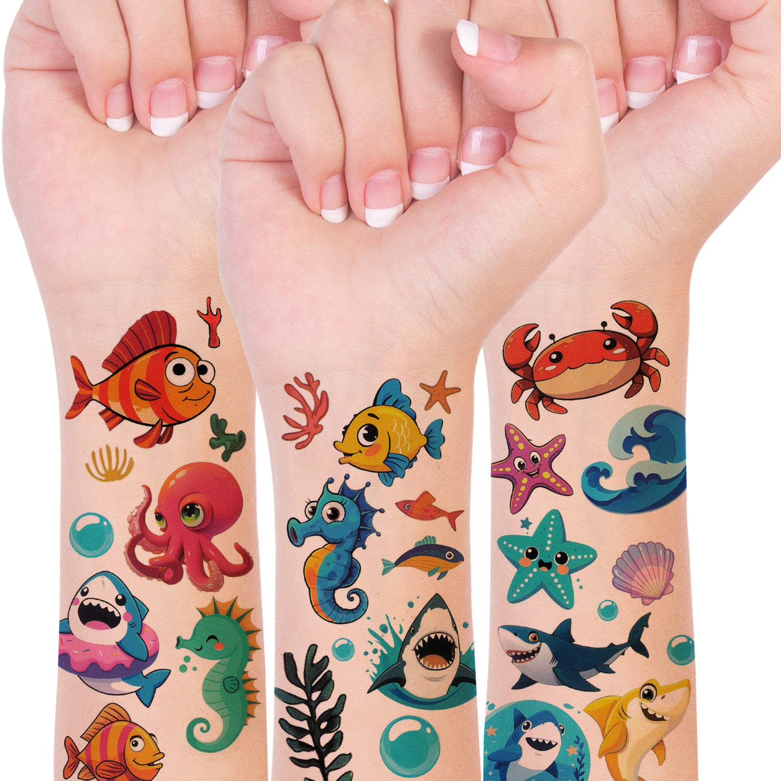 Wrapables Waterproof Temporary Tattoos for Children, 20 Sheets, Sharks and Sea Animals