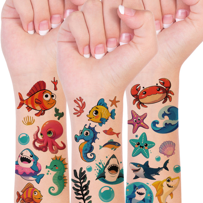 Wrapables Waterproof Temporary Tattoos for Children, 20 Sheets, Sharks and Sea Animals