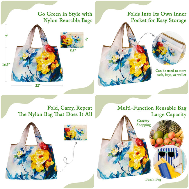 Wrapables Large Oil Painting Nylon Reusable Shopping Bag, Foldable Shopping Tote Bag, Reusable Grocery Bag, Travel Bag