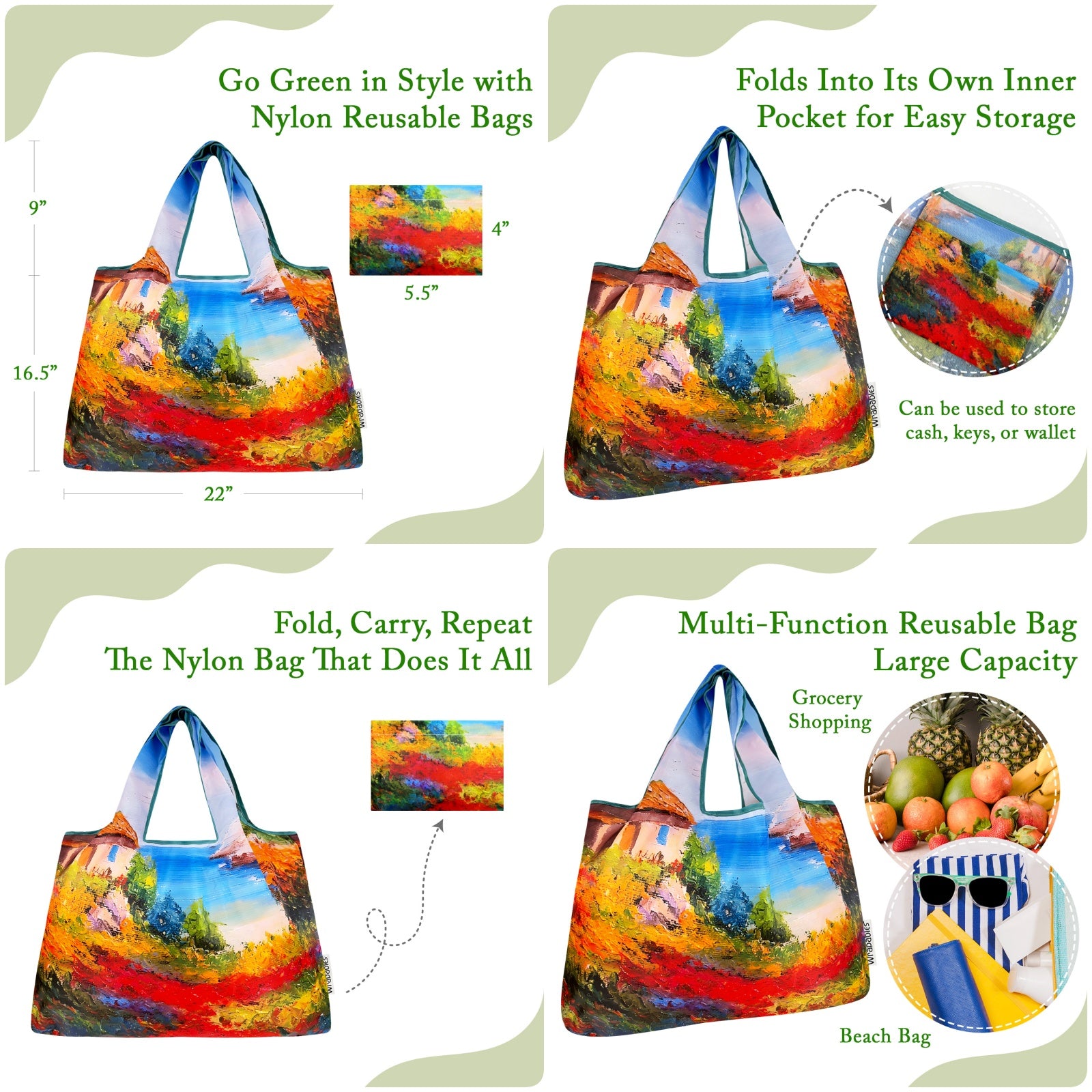 Wrapables Large Foldable Oil Painting Nylon Reusable Grocery Bag