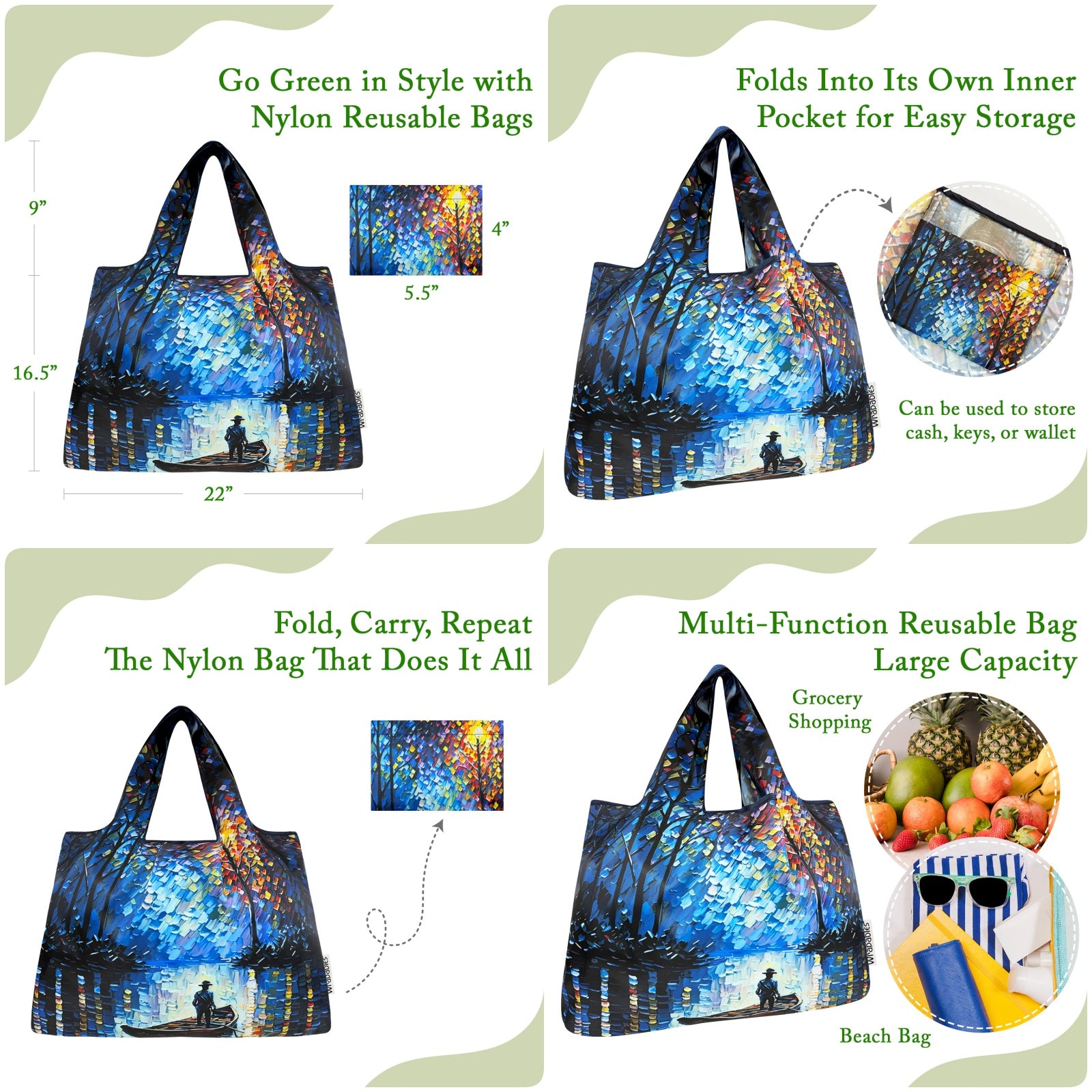 Wrapables Large Foldable Oil Painting Nylon Reusable Grocery Bag