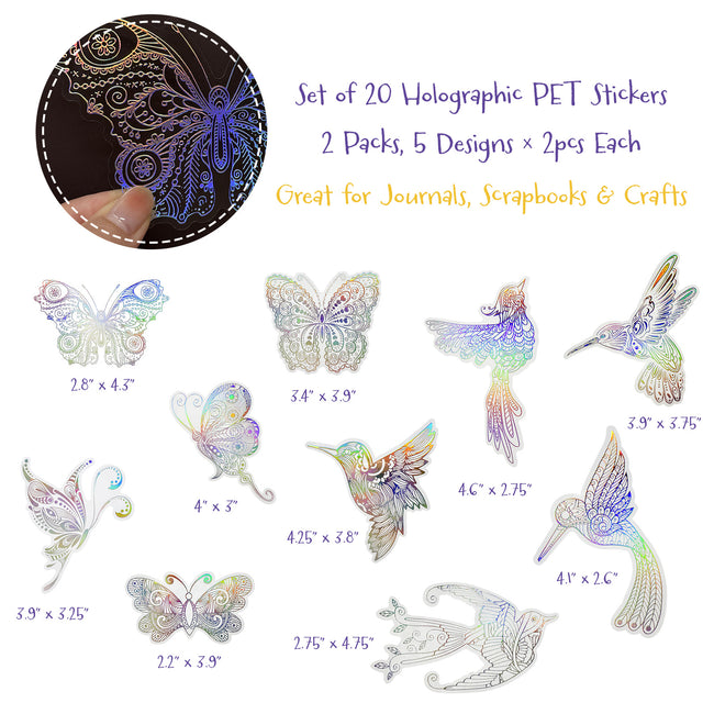 Wrapables Shiny Waterproof Transparent Holographic PET Bird and Butterfly Stickers for Scrapbooking, Journaling, Water Bottles, Laptops (20pcs)