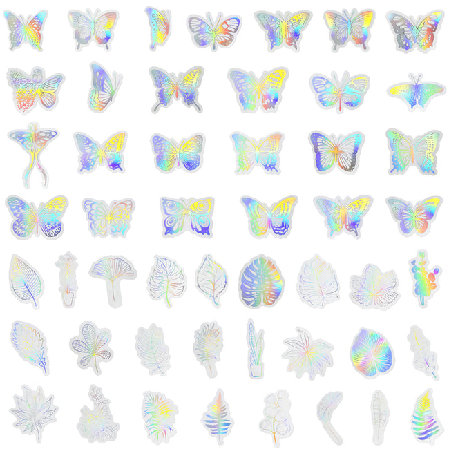 Wrapables Waterproof Transparent Holographic Glitter PET Butterfly and Leaf Stickers for Scrapbooking, Journaling, Water Bottles, Phones, (100pcs)
