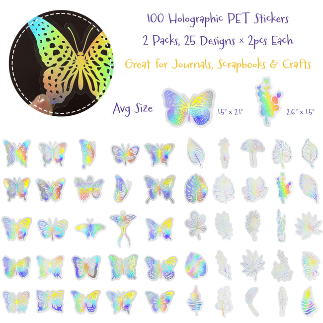 Wrapables Waterproof Transparent Holographic Glitter PET Butterfly and Leaf Stickers for Scrapbooking, Journaling, Water Bottles, Phones, (100pcs)