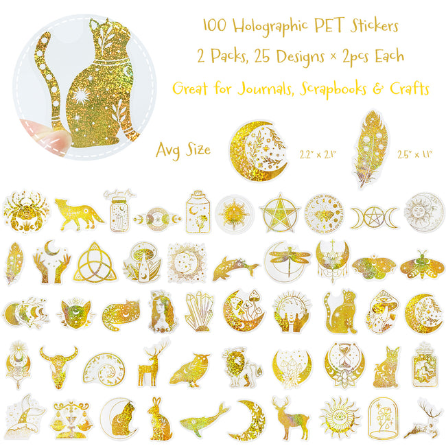 Wrapables Glittery Waterproof Transparent Holographic PET Spiritual Animals Stickers for Scrapbooking, Journaling, Water Bottles, Phones, (100pcs)