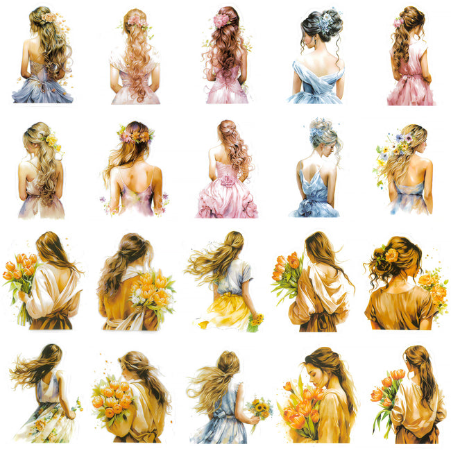 Wrapables Floral Fashion Women PET Scrapbooking Stickers for Junk Journals, Stationery, Water Bottles, Phones, Laptops (40pcs), Bouquet and Crown