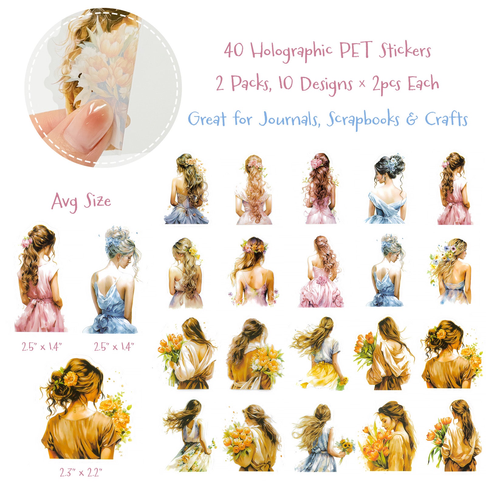 Wrapables Floral Fashion Women PET Scrapbooking Stickers for Junk Journals, Stationery, Water Bottles, Phones, Laptops (40pcs), Bouquet and Crown
