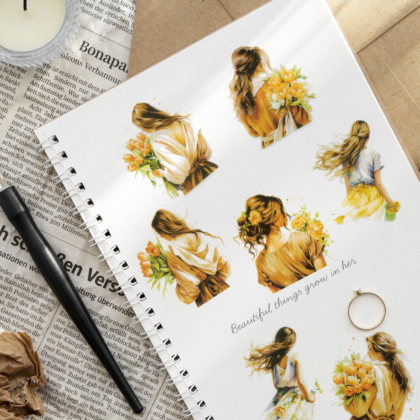 Wrapables Floral Fashion Women PET Scrapbooking Stickers for Junk Journals, Stationery, Water Bottles, Phones, Laptops (40pcs), Bouquet and Crown