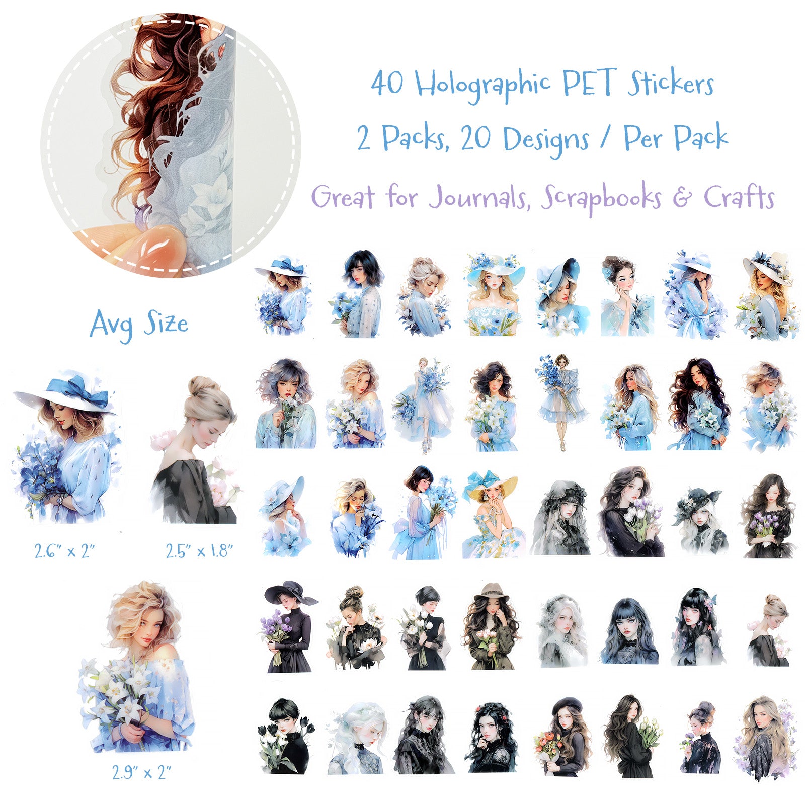 Wrapables Floral Fashion Women PET Scrapbooking Stickers for Junk Journals, Stationery, Water Bottles, Phones, Laptops (40pcs), Tulips and Lilies