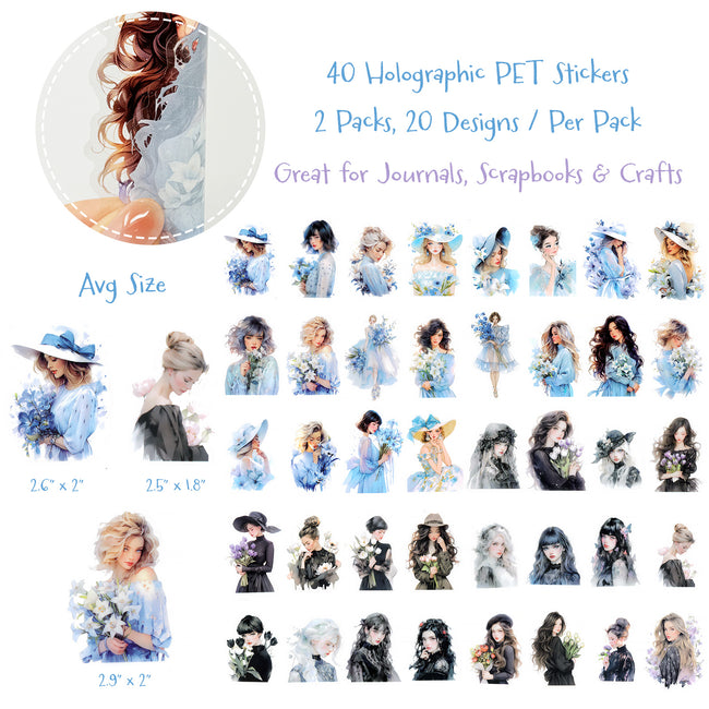 Wrapables Floral Fashion Women PET Scrapbooking Stickers for Junk Journals, Stationery, Water Bottles, Phones, Laptops (40pcs), Tulips and Lilies
