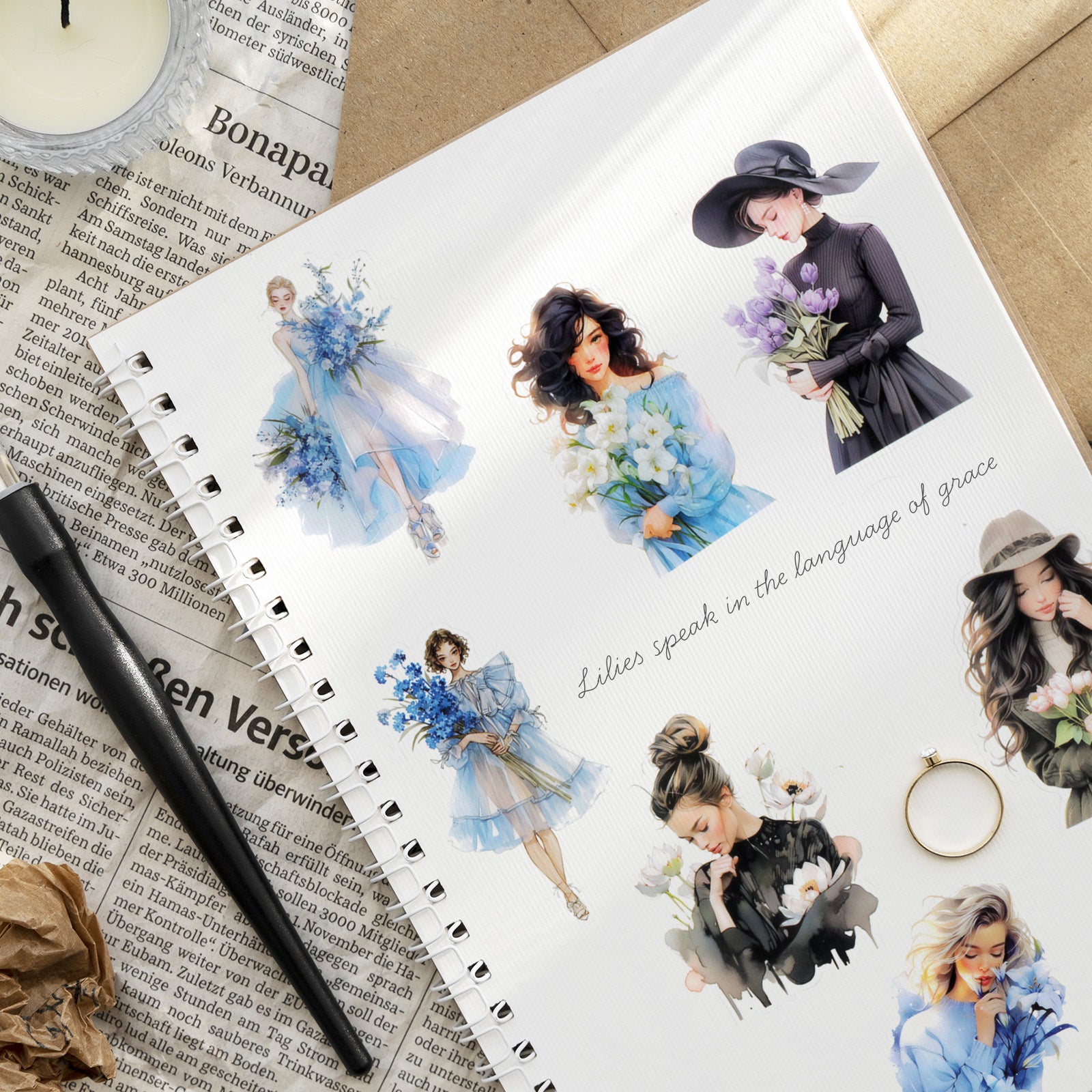 Wrapables Floral Fashion Women PET Scrapbooking Stickers for Junk Journals, Stationery, Water Bottles, Phones, Laptops (40pcs), Tulips and Lilies
