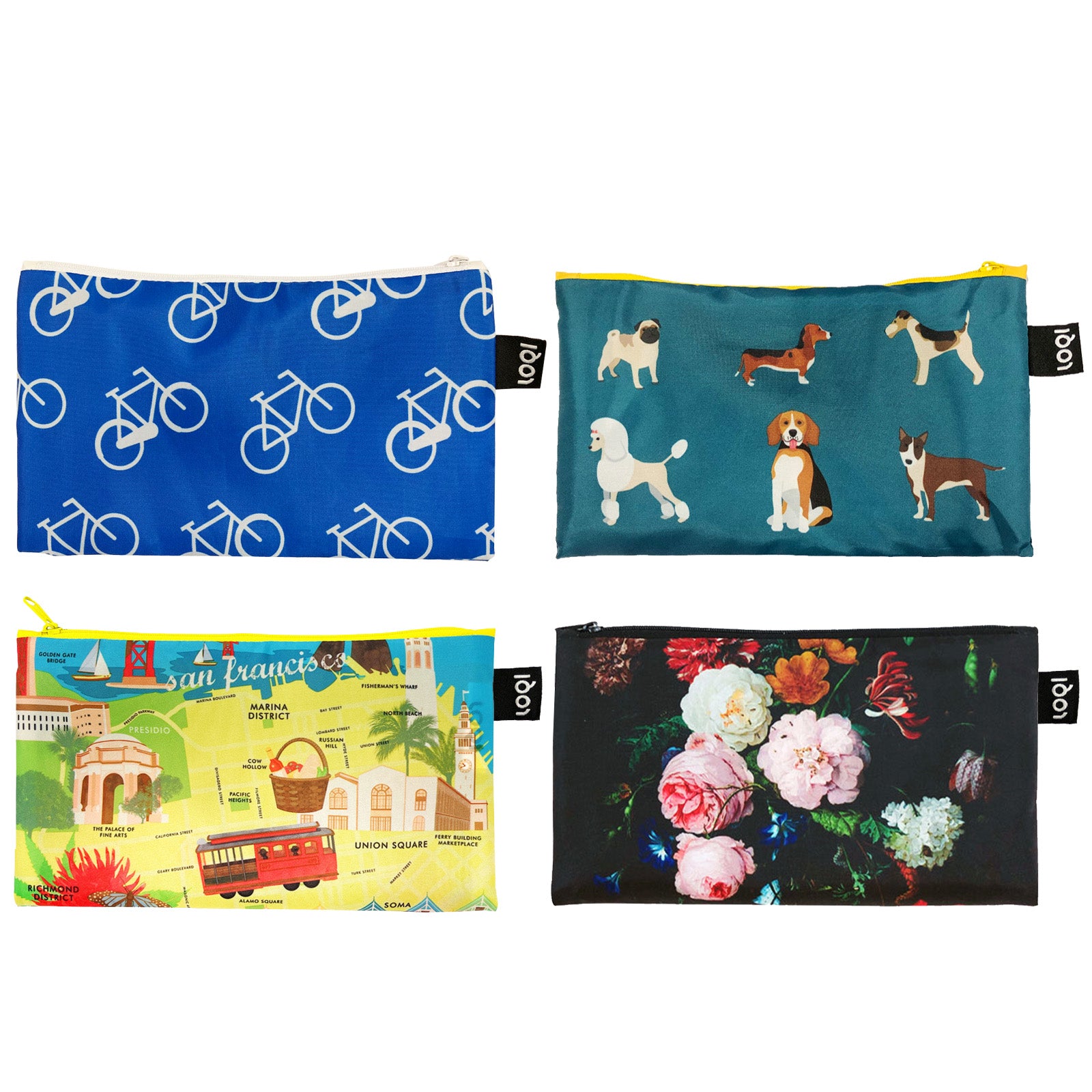 LOQI Zip Pockets (Set of 4), Bicycles, Dogs, SF, Flowers
