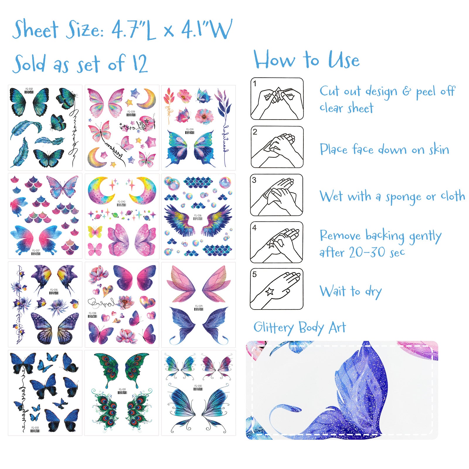Wrapables Waterproof Glitter Butterfly Wings and Fairy Design Temporary Tattoos for Women, Eye, Face, and Body Makeup (12 Sheets)