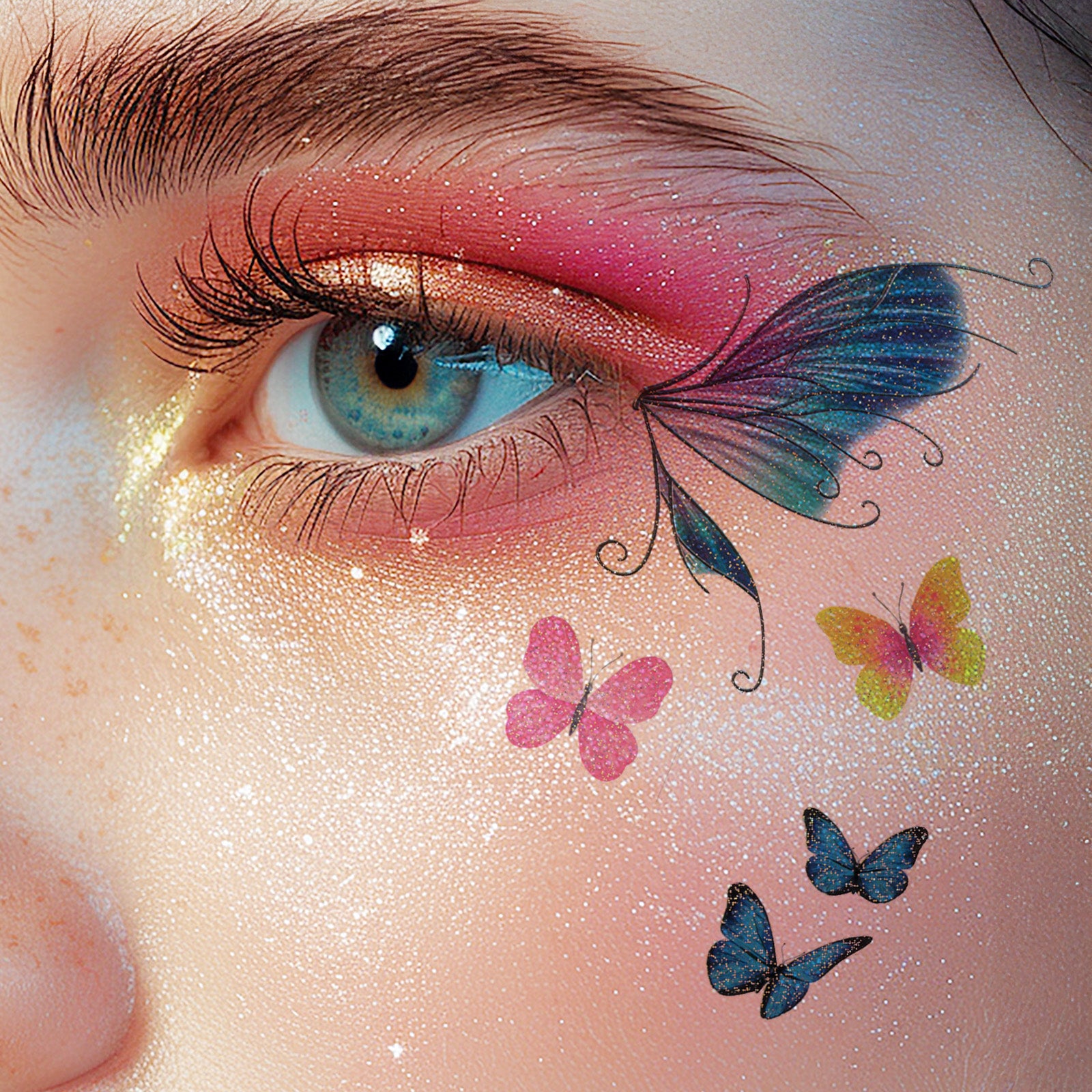 Wrapables Waterproof Glitter Butterfly Wings and Fairy Design Temporary Tattoos for Women, Eye, Face, and Body Makeup (12 Sheets)