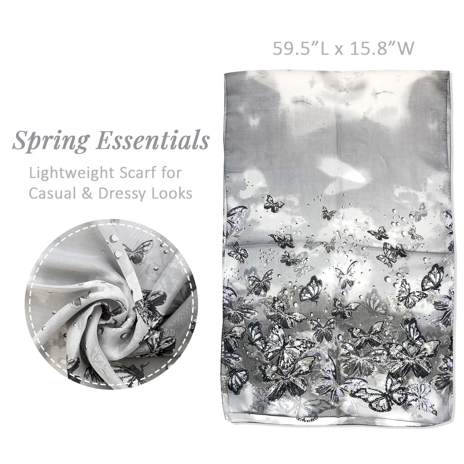 Wrapables Lightweight Vibrant Spring Chiffon Scarf, Gray Butterflies