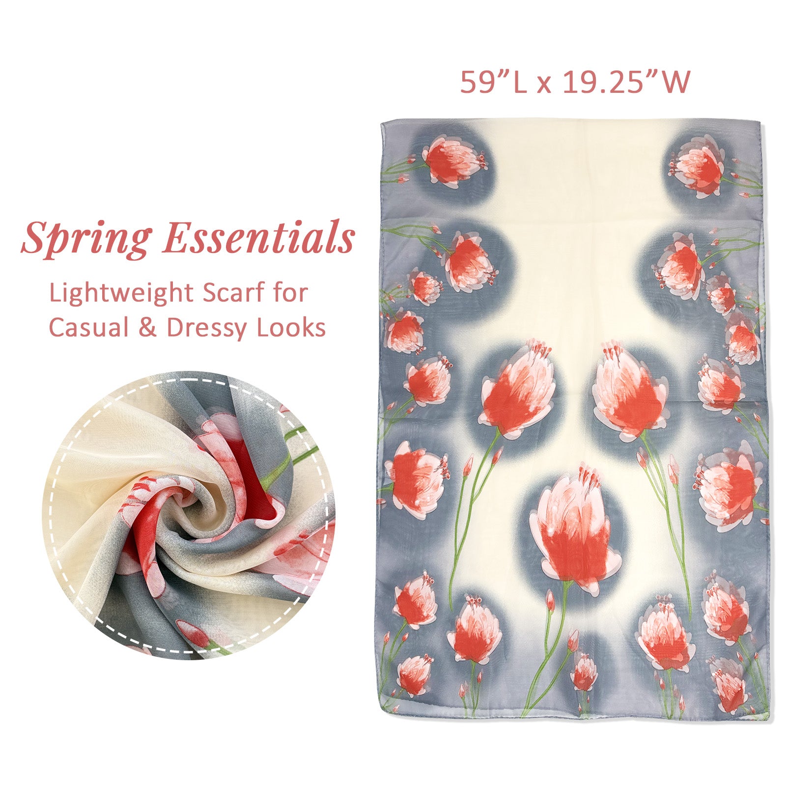 Wrapables Lightweight Vibrant Spring Chiffon Scarf, Gray Tulips