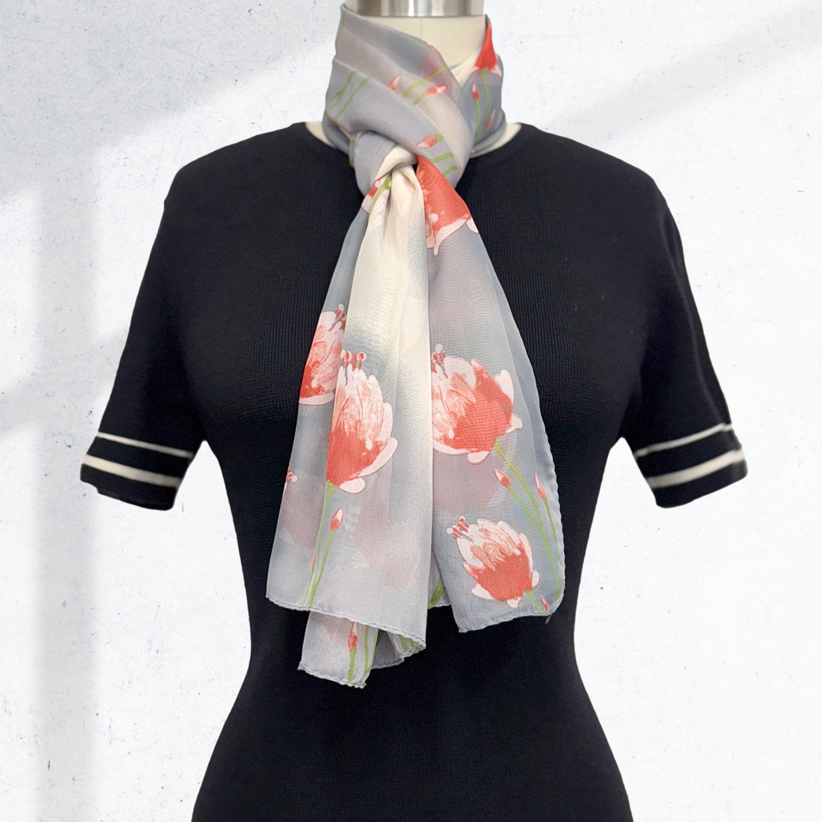 Wrapables Lightweight Vibrant Spring Chiffon Scarf, Gray Tulips