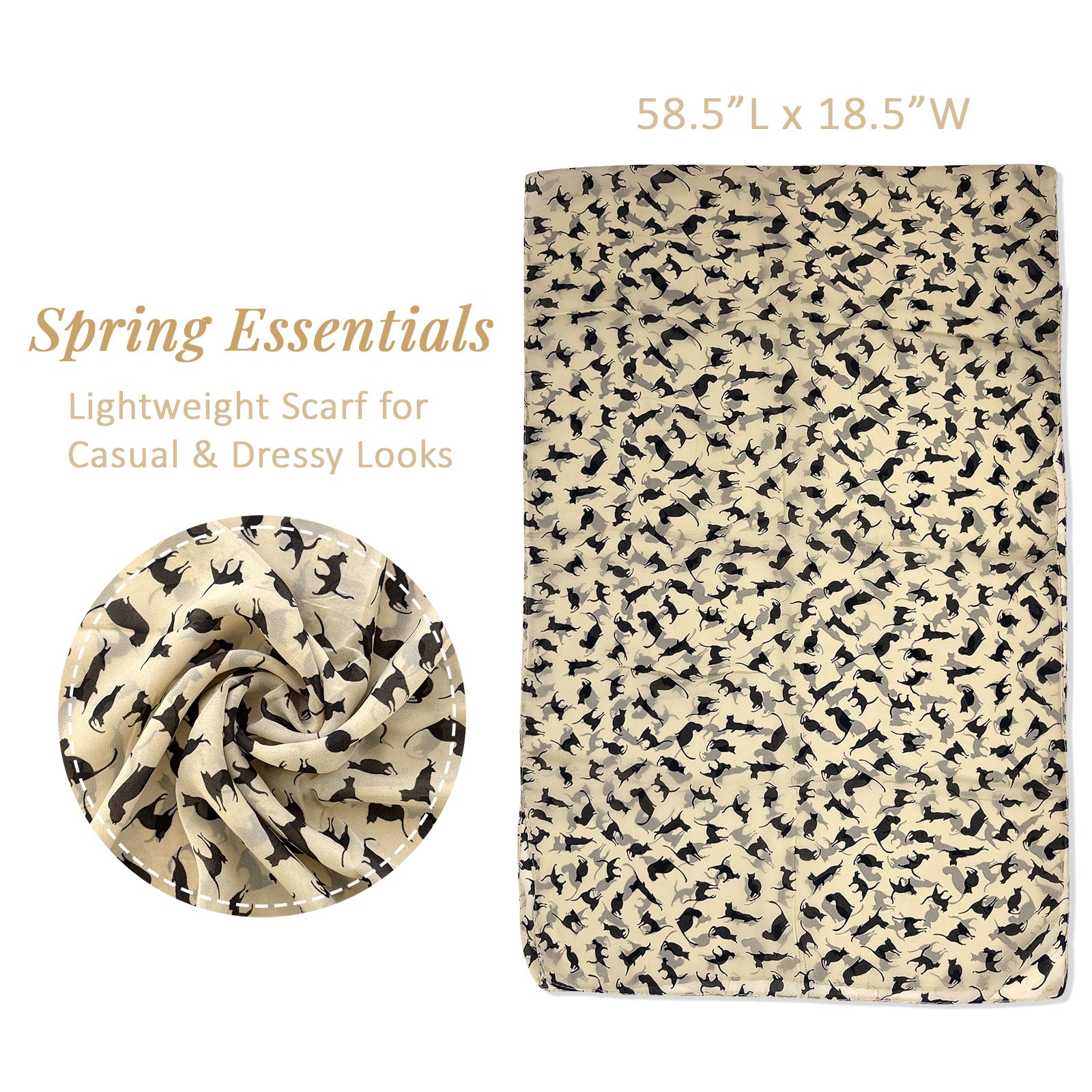 Wrapables Lightweight Cat Print Chiffon Long Scarf, Beige
