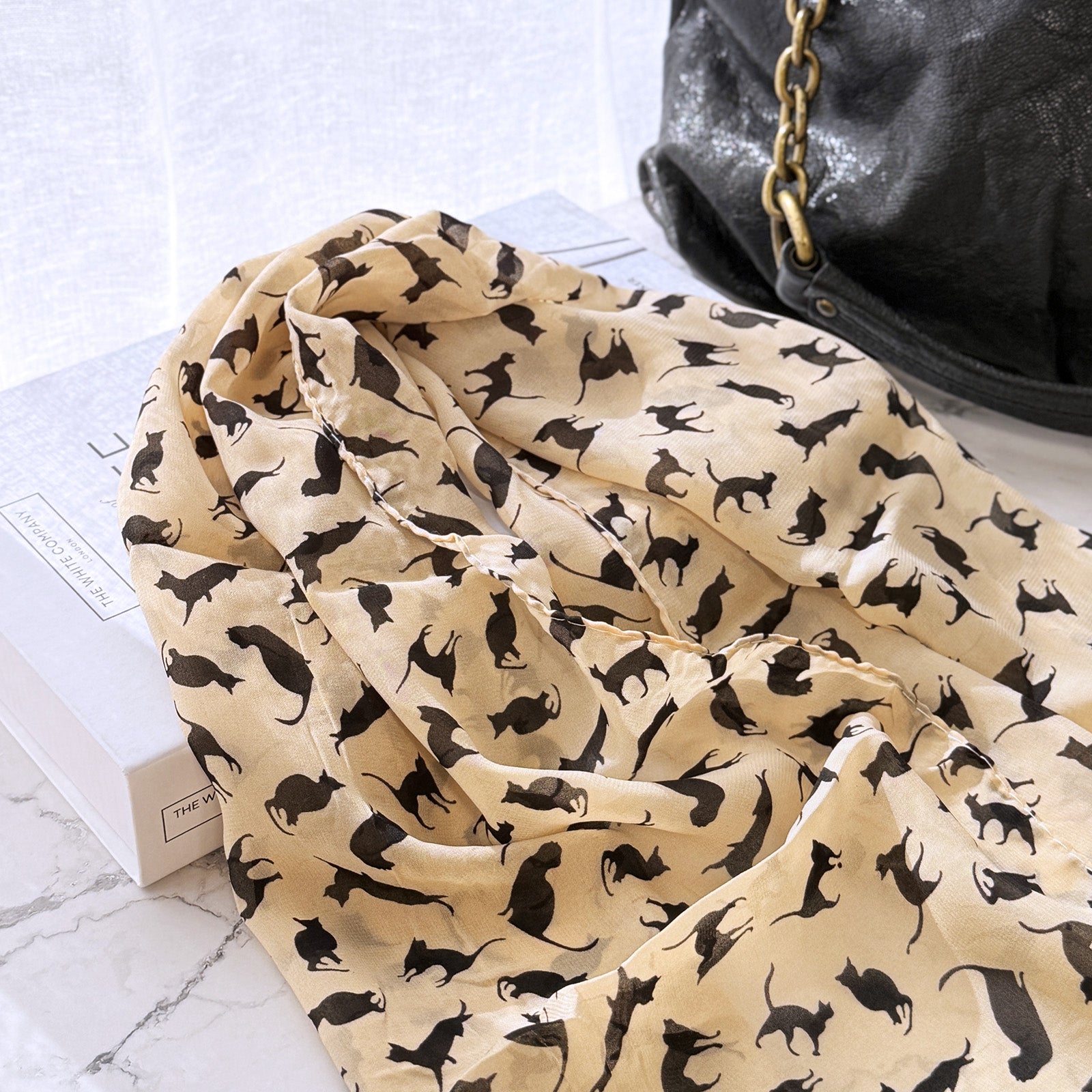 Wrapables Lightweight Cat Print Chiffon Long Scarf, Beige