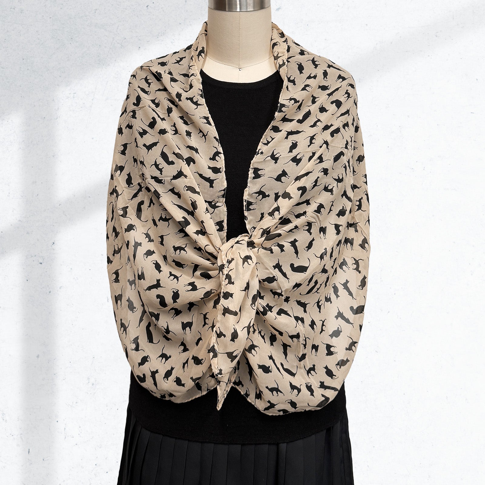 Wrapables Lightweight Cat Print Chiffon Long Scarf, Beige