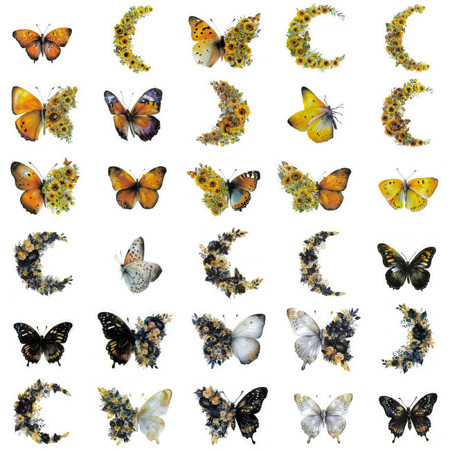 Wrapables Floral Butterfly Moon PET Stickers for Scrapbooking, Junk Journals, Water Bottles, Phones, Laptops (60pcs)