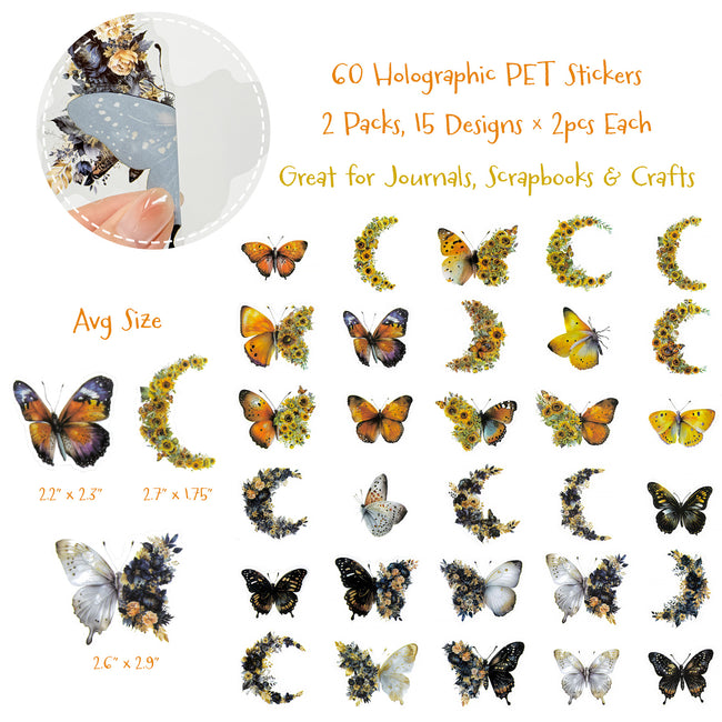 Wrapables Floral Butterfly Moon PET Stickers for Scrapbooking, Junk Journals, Water Bottles, Phones, Laptops (60pcs)