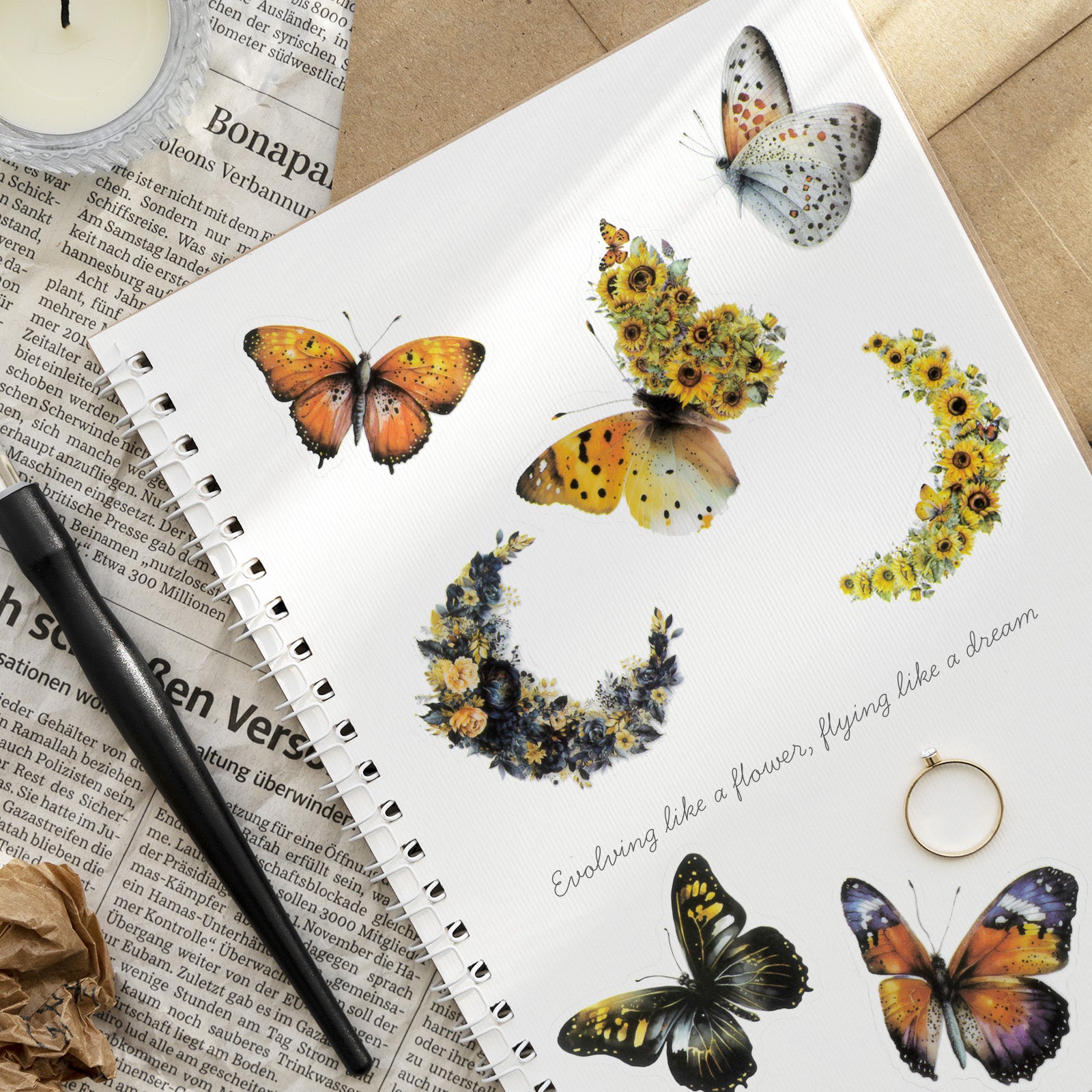 Wrapables Floral Butterfly Moon PET Stickers for Scrapbooking, Junk Journals, Water Bottles, Phones, Laptops (60pcs)