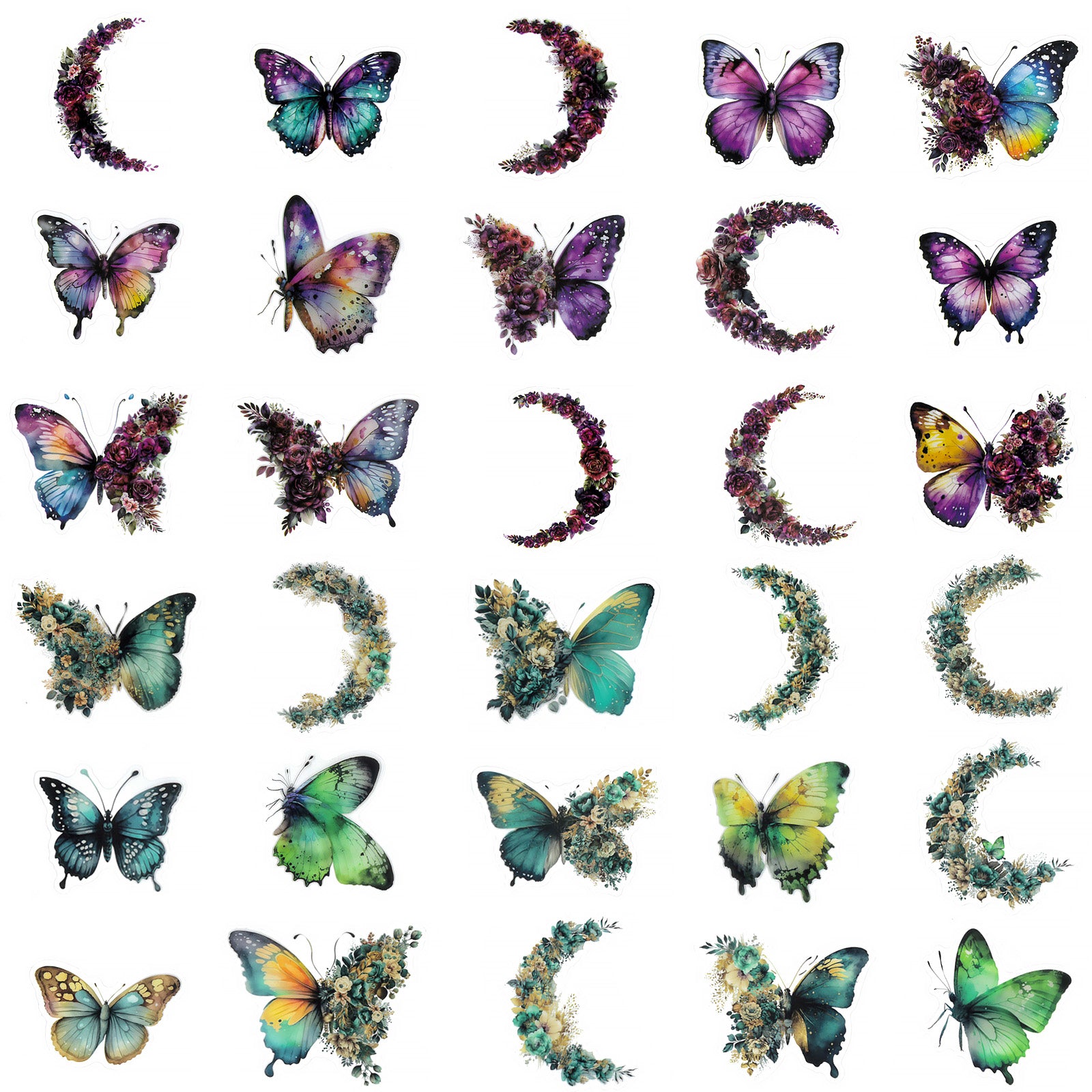Wrapables Floral Butterfly Moon PET Stickers for Scrapbooking, Junk Journals, Water Bottles, Phones, Laptops (60pcs)