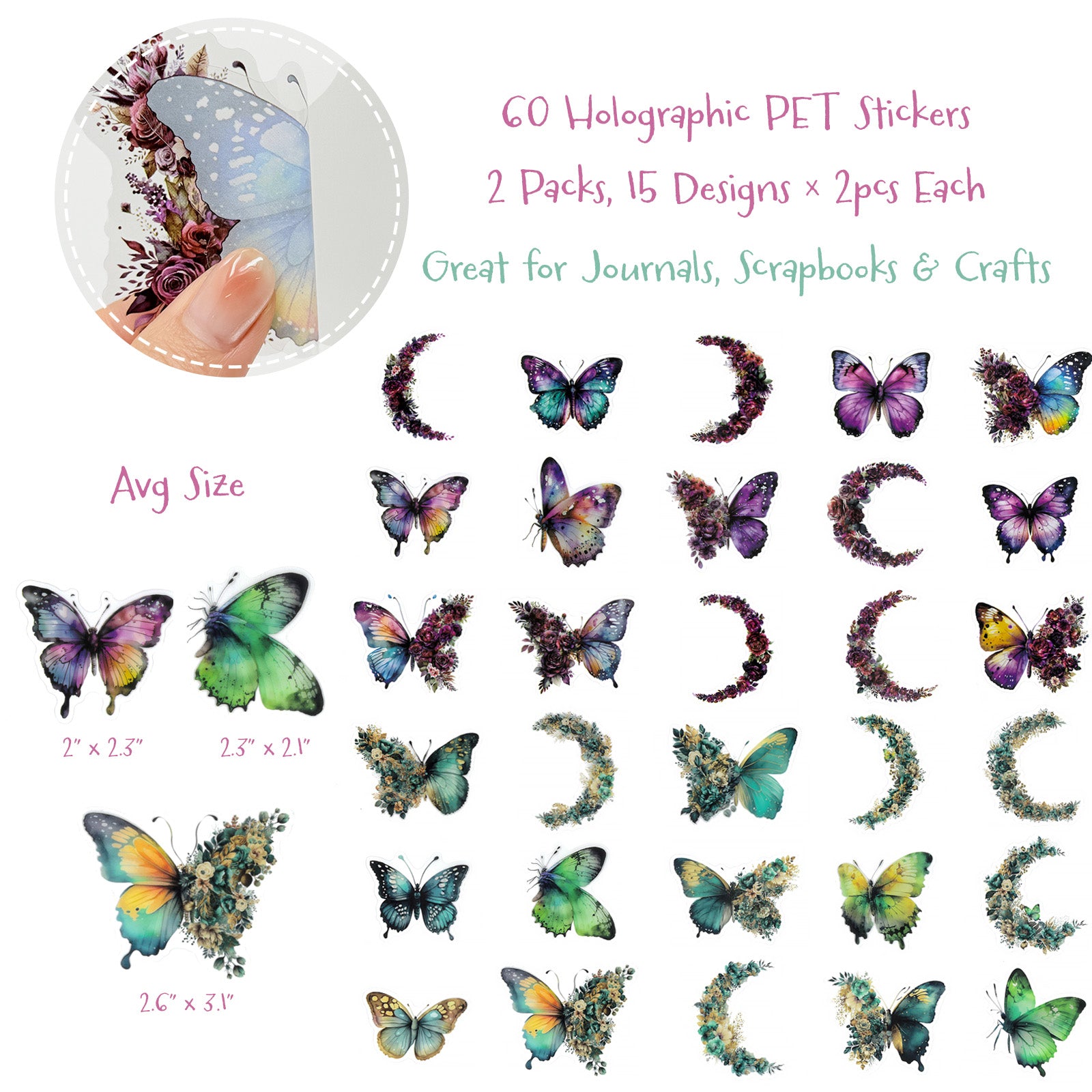 Wrapables Floral Butterfly Moon PET Stickers for Scrapbooking, Junk Journals, Water Bottles, Phones, Laptops (60pcs)