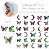 Wrapables Floral Butterfly Moon PET Stickers for Scrapbooking, Junk Journals, Water Bottles, Phones, Laptops (60pcs)