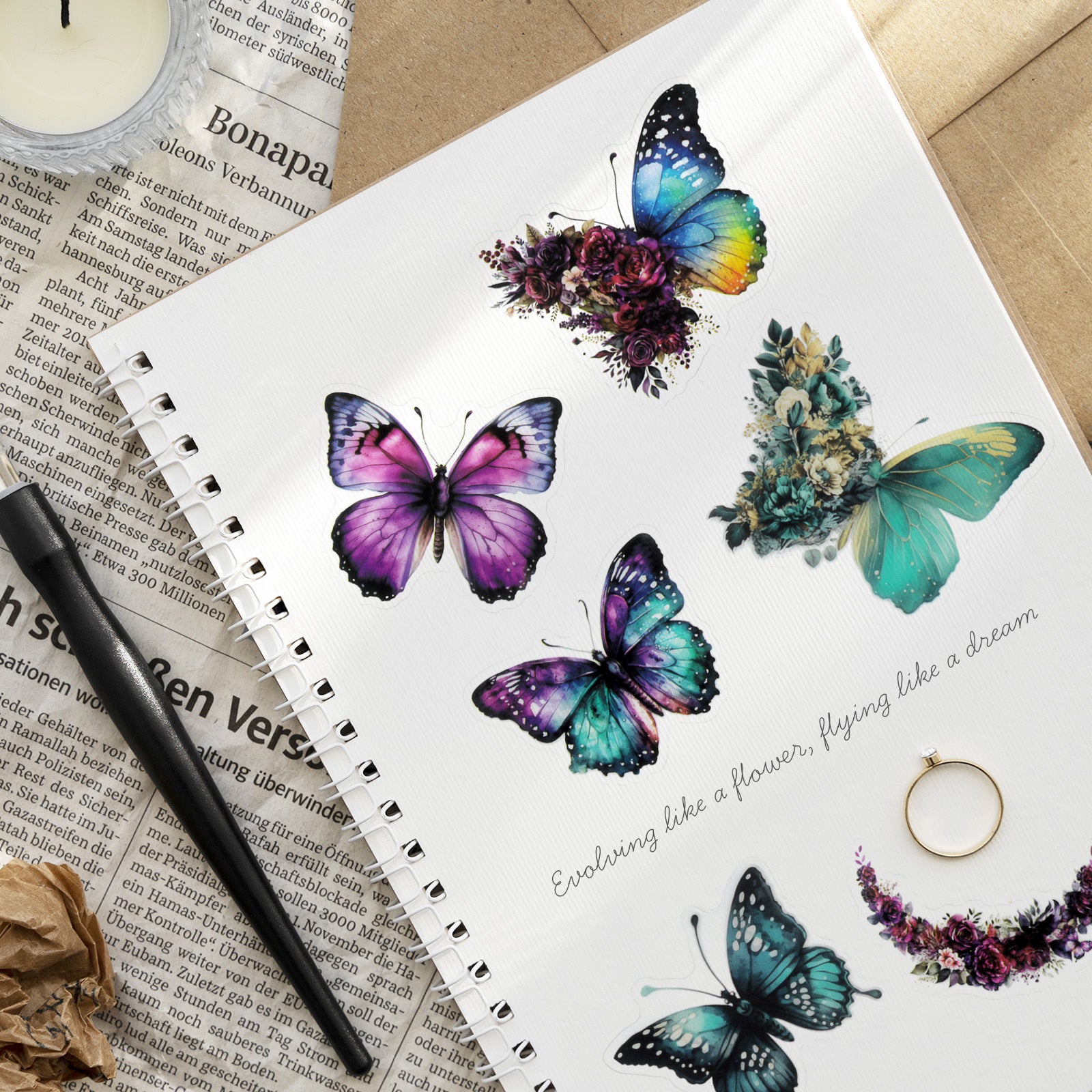 Wrapables Floral Butterfly Moon PET Stickers for Scrapbooking, Junk Journals, Water Bottles, Phones, Laptops (60pcs)