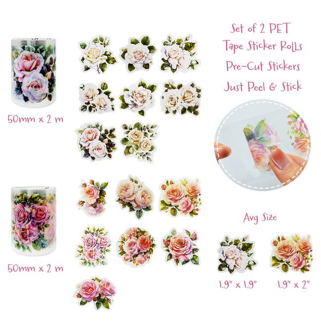 Wrapables Romantic Floral PET Tape, Pre-Cut Stickers for Scrapbooking, Stationery, Journaling, Diary, Card Making (Set of 2)