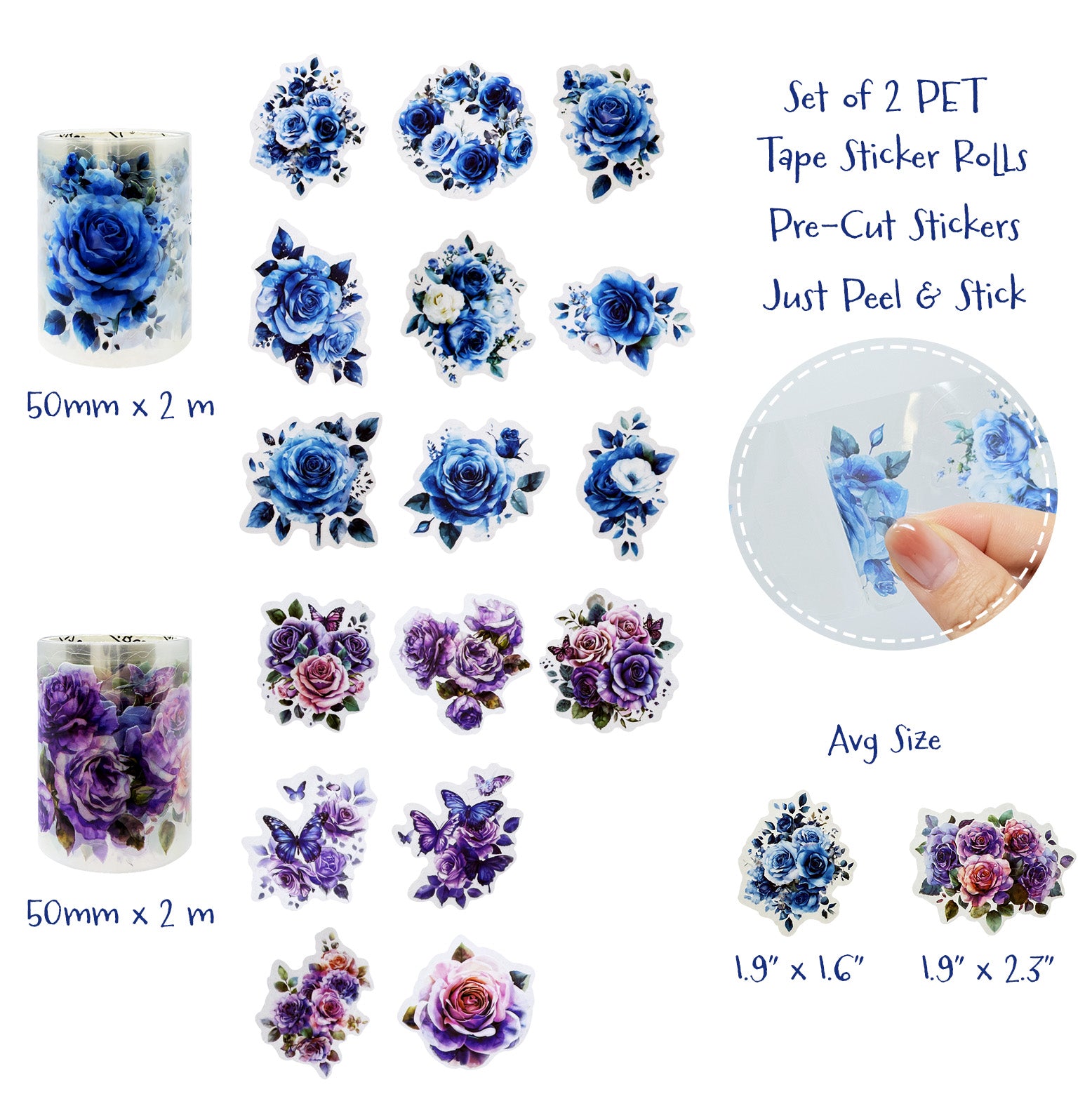 Wrapables Romantic Floral PET Tape, Pre-Cut Stickers for Scrapbooking, Stationery, Journaling, Diary, Card Making (Set of 2)