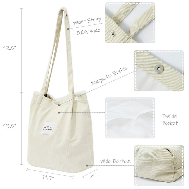 Wrapables Corduroy Tote Bag, Casual Everyday Shoulder Handbag, Cream