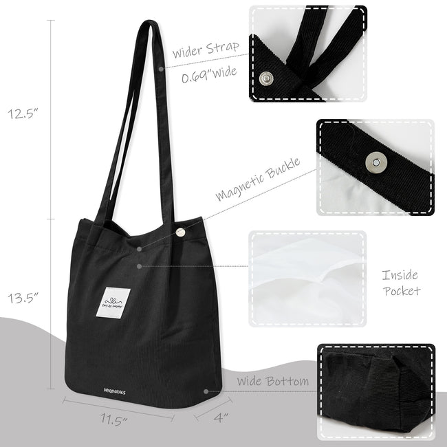 Wrapables Corduroy Tote Bag, Casual Everyday Shoulder Handbag, Black