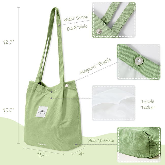 Wrapables Corduroy Tote Bag, Casual Everyday Shoulder Handbag, Light Green