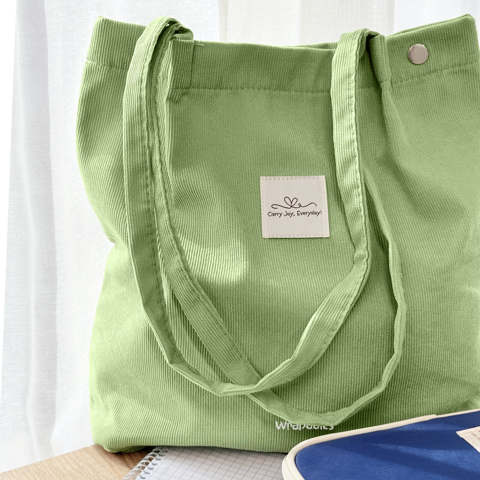 Wrapables Corduroy Tote Bag, Casual Everyday Shoulder Handbag, Light Green