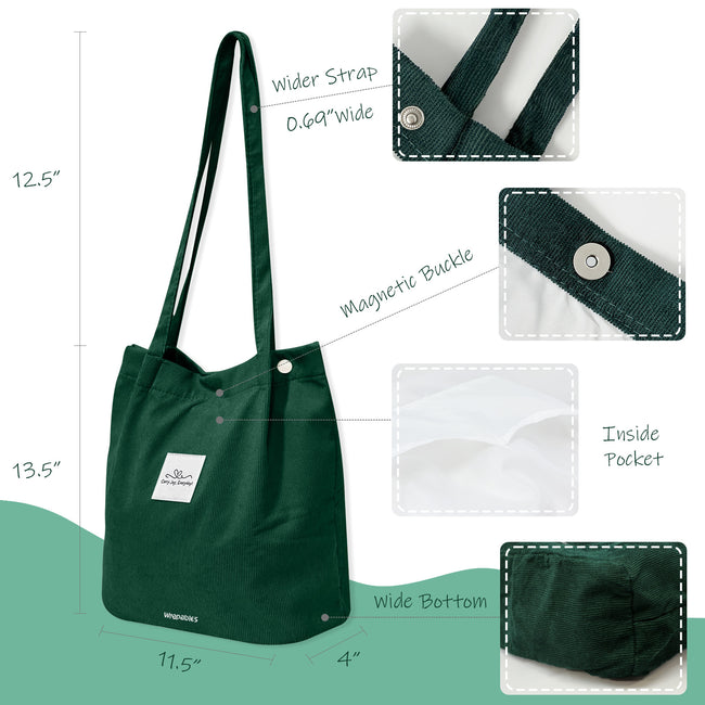 Wrapables Corduroy Tote Bag, Casual Everyday Shoulder Handbag, Forest Green