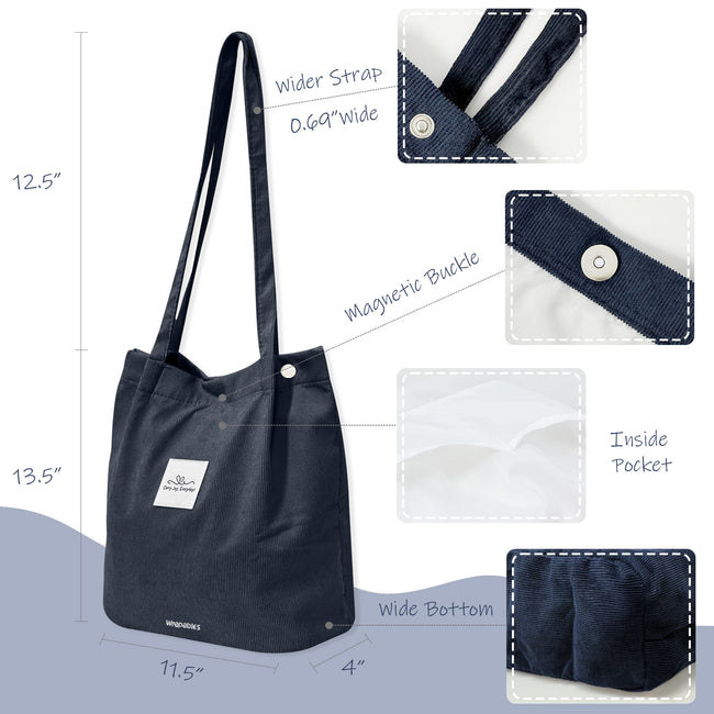 Wrapables Corduroy Tote Bag, Casual Everyday Shoulder Handbag, Navy