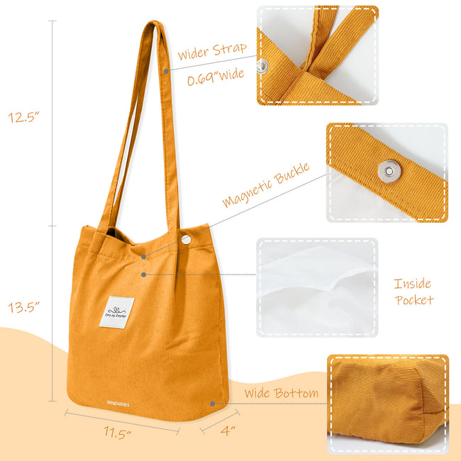 Wrapables Corduroy Tote Bag, Casual Everyday Shoulder Handbag, Marigold