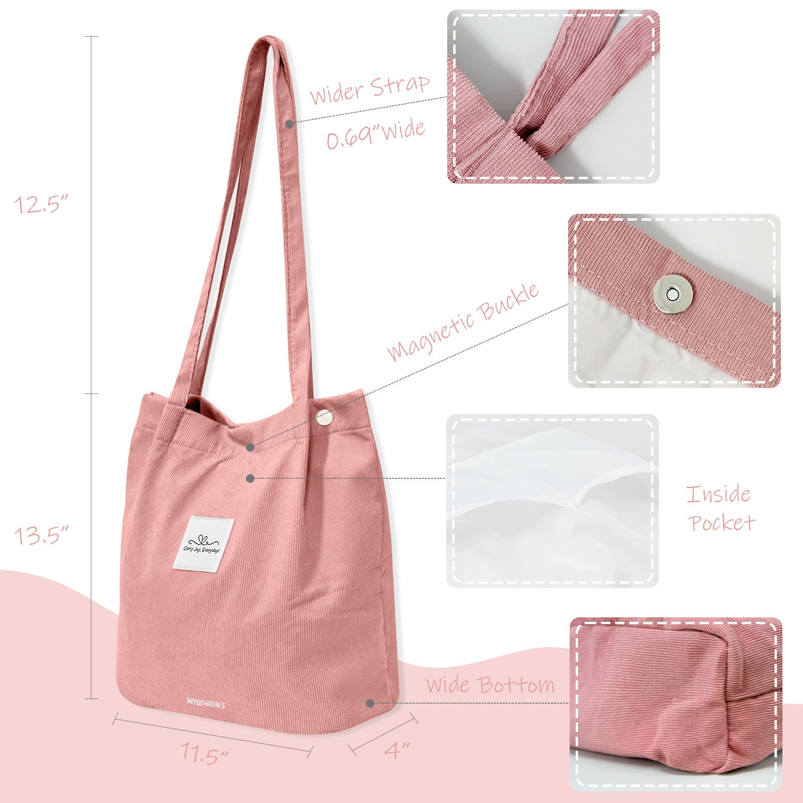 Wrapables Corduroy Tote Bag, Casual Everyday Shoulder Handbag, Light Pink