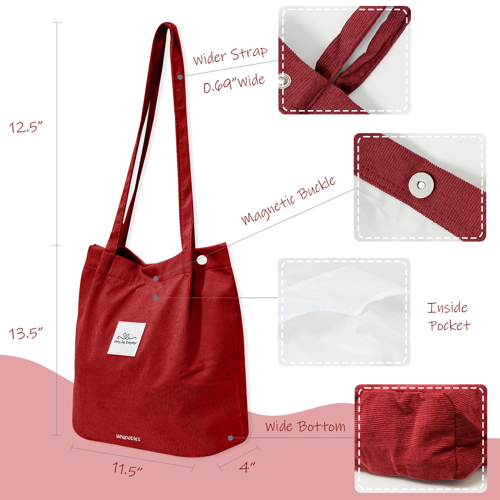 Wrapables Corduroy Tote Bag, Casual Everyday Shoulder Handbag, Red