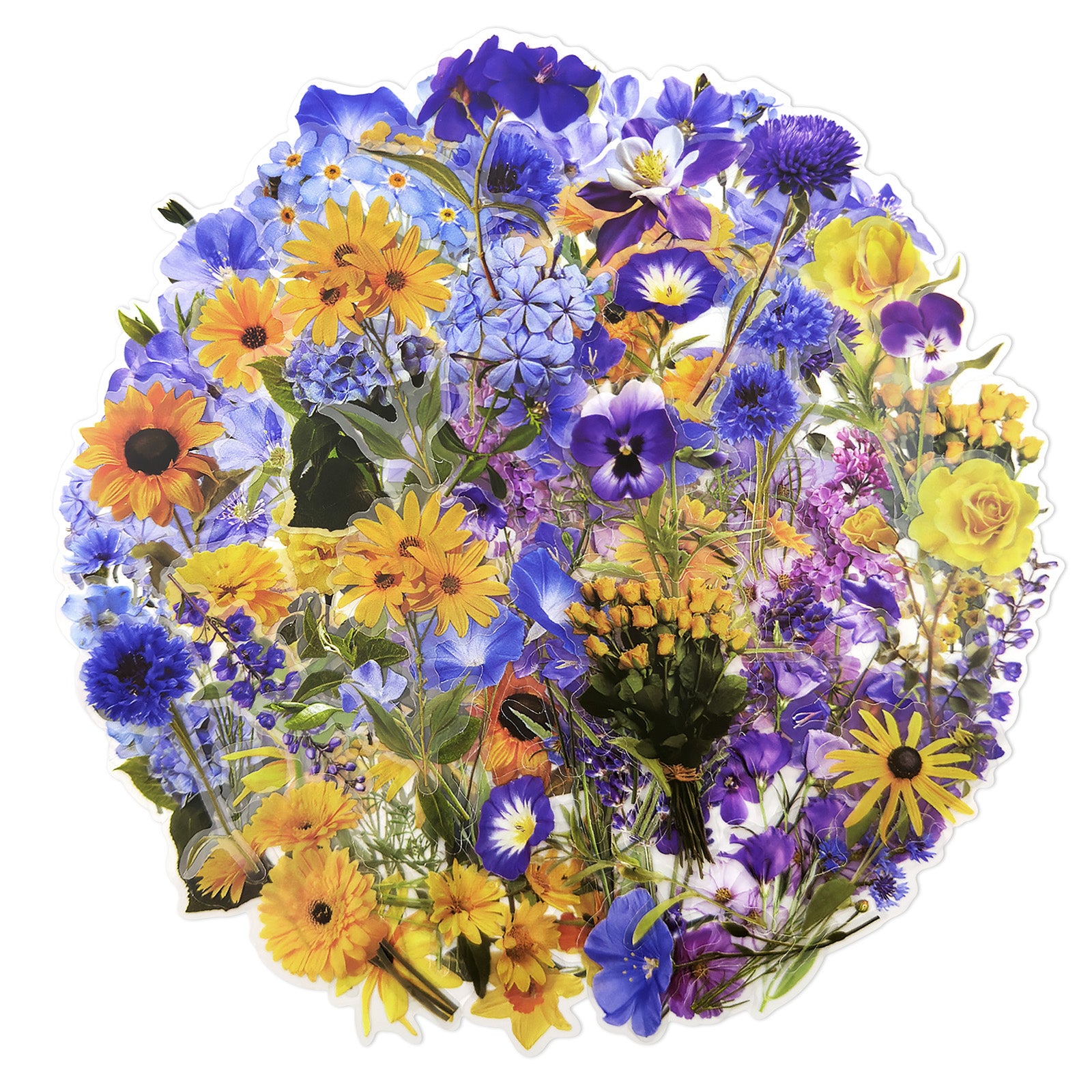 Wrapables Floral PET Stickers for Scrapbooking, Junk Journals, Stationery, Water Bottles, Phones, Laptops (120pcs), Blue Yellow Lavender