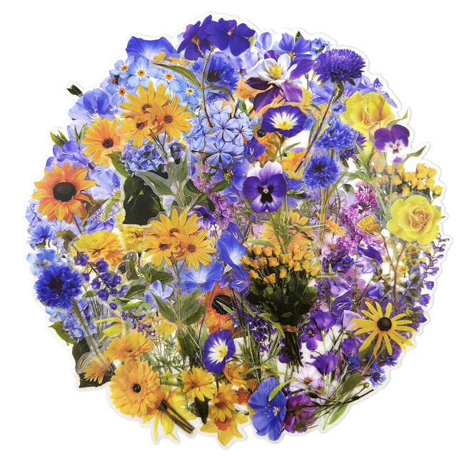 Wrapables Floral PET Stickers for Scrapbooking, Junk Journals, Stationery, Water Bottles, Phones, Laptops (120pcs), Blue Yellow Lavender